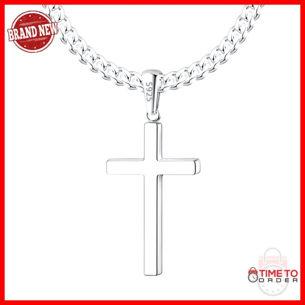 Sterling Silver Cross Necklace with 4mm Cuban Chain 16-26 Inch